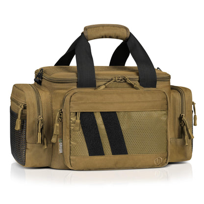 Savior Equipment Specialist Series Tactical Triple Pistol Shooting Range Hunting Duffle Bag Gun Carrying Case, Rigid Compartment Frame, Lockable Zippers (Dark FDE, 18" x 9" x 12" Range Bag)