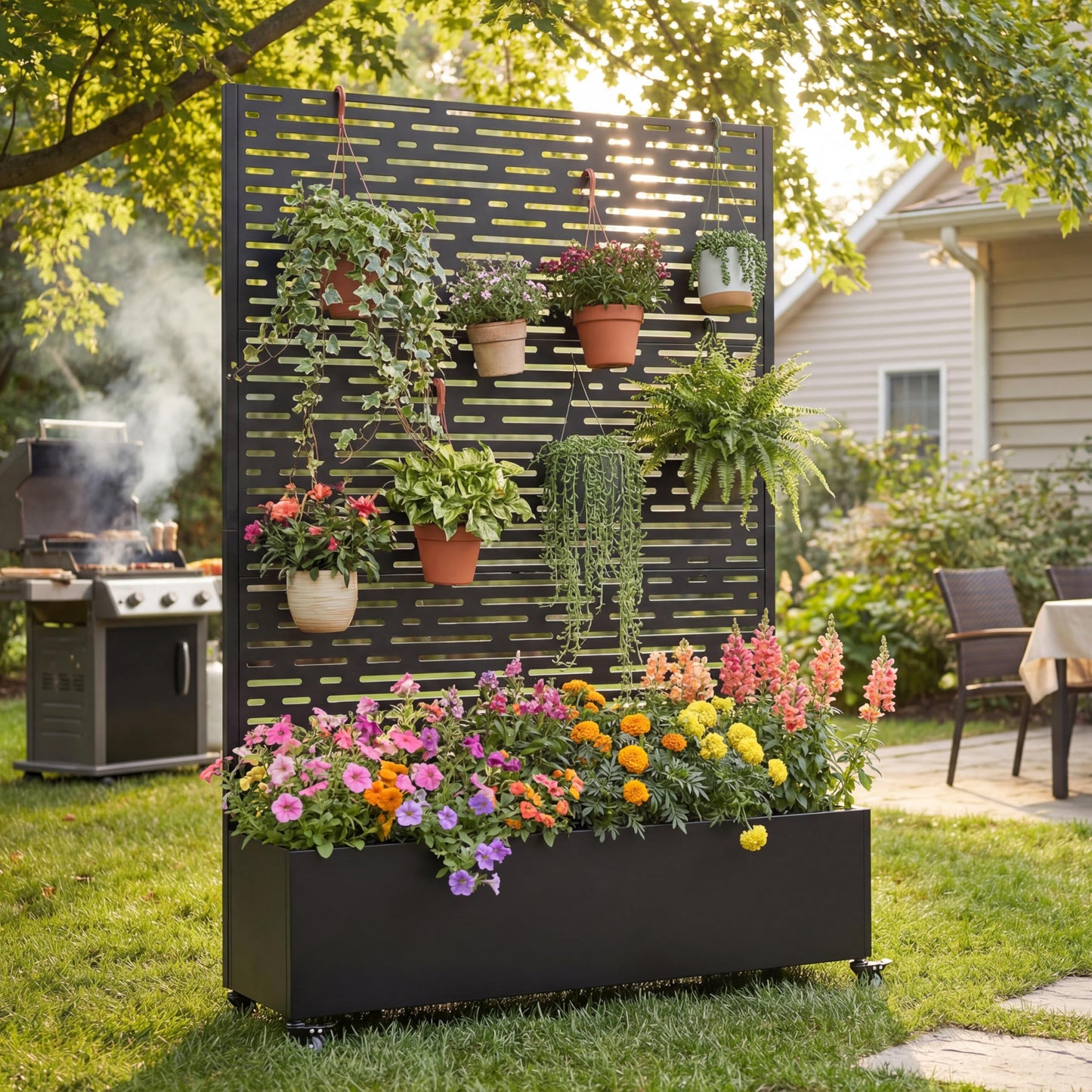 Amacv Metal Raised Garden Bed with Wheels and Trellis,73"x47"x16" Planter Box for Climbing Plants, Vegetables & Vines, Features Privacy Screen and Drainage Holes