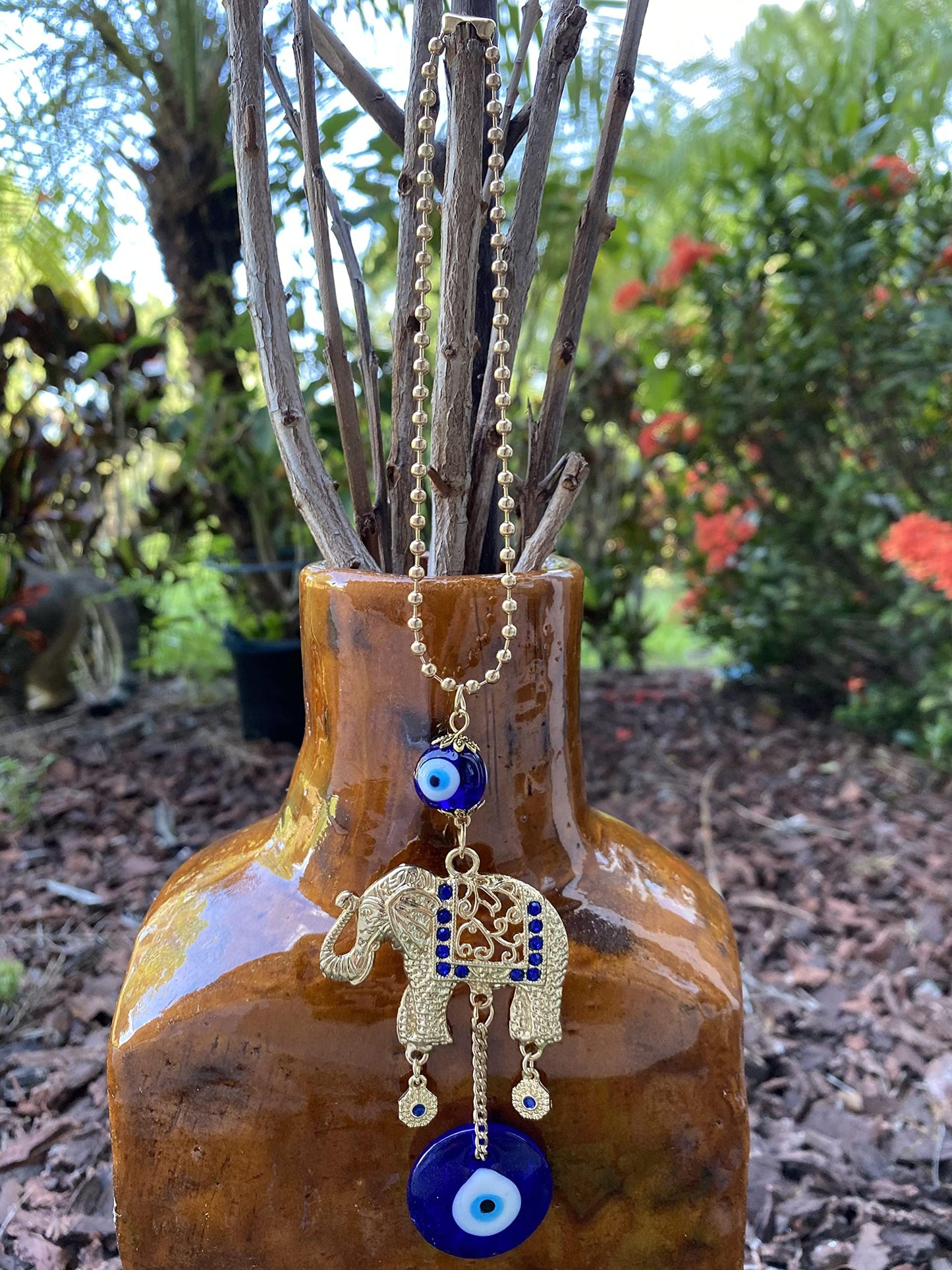 LUCKBOOSTIUM Gold Elephant with Evil Eye Beads in Blue, White & Black Resin w/Rhinestones in Ball Chain–Charms & Protective Car Hanging Ornament for Rear View Mirror, Keychain, Bag& Home/Office Decor