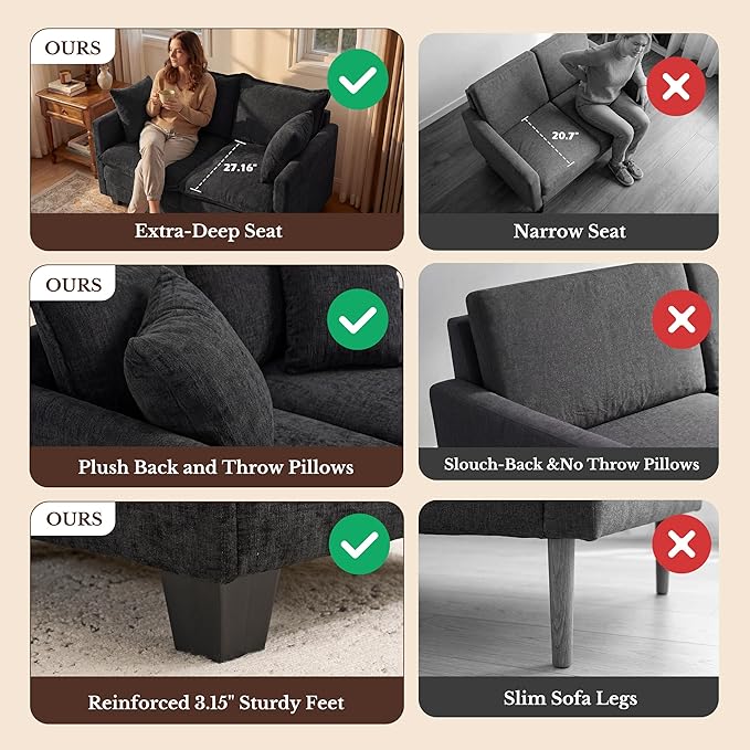 Loveseat Sofa with Cloud 3-Layer Cushion & 27" Deep Seat, Modern Small Couch