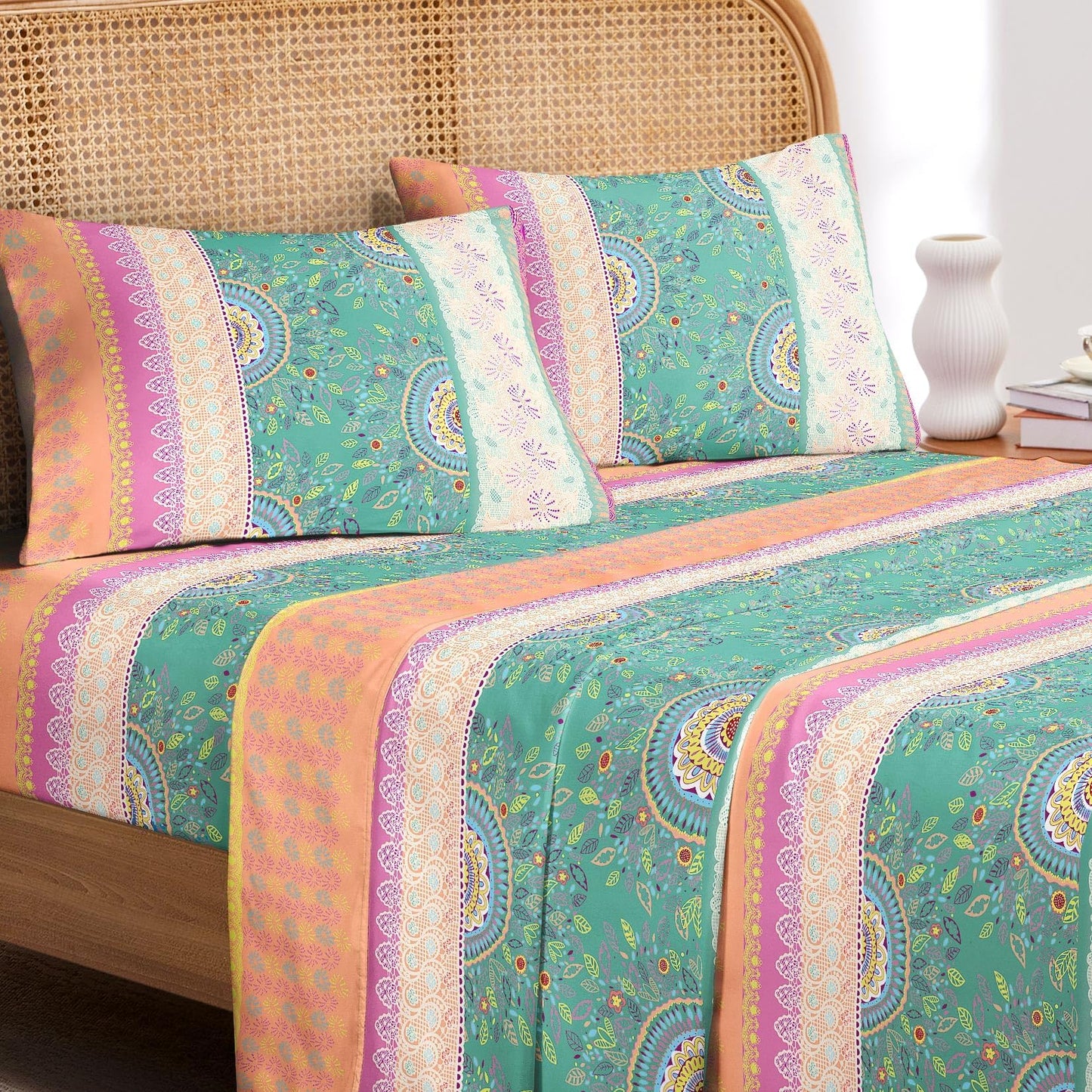 Wake In Cloud - Boho Bed Sheets, 4-Piece Sheet Set, Bohemian Chic Medallion Colorful Hippie Aesthetic Bedding, Deep Pocket, Orange Green, King Size