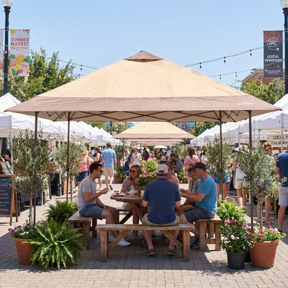 OUTDOOR LIVING SUNTIME 13x13 Instant Easy Pop Up Canopy,Portable Commercial Gazebo Camping Gazebo Tent Shelter with Wheeled Roller Carry Bag, Bonus Weight Sandbags, Stakes, Ropes -Khaki