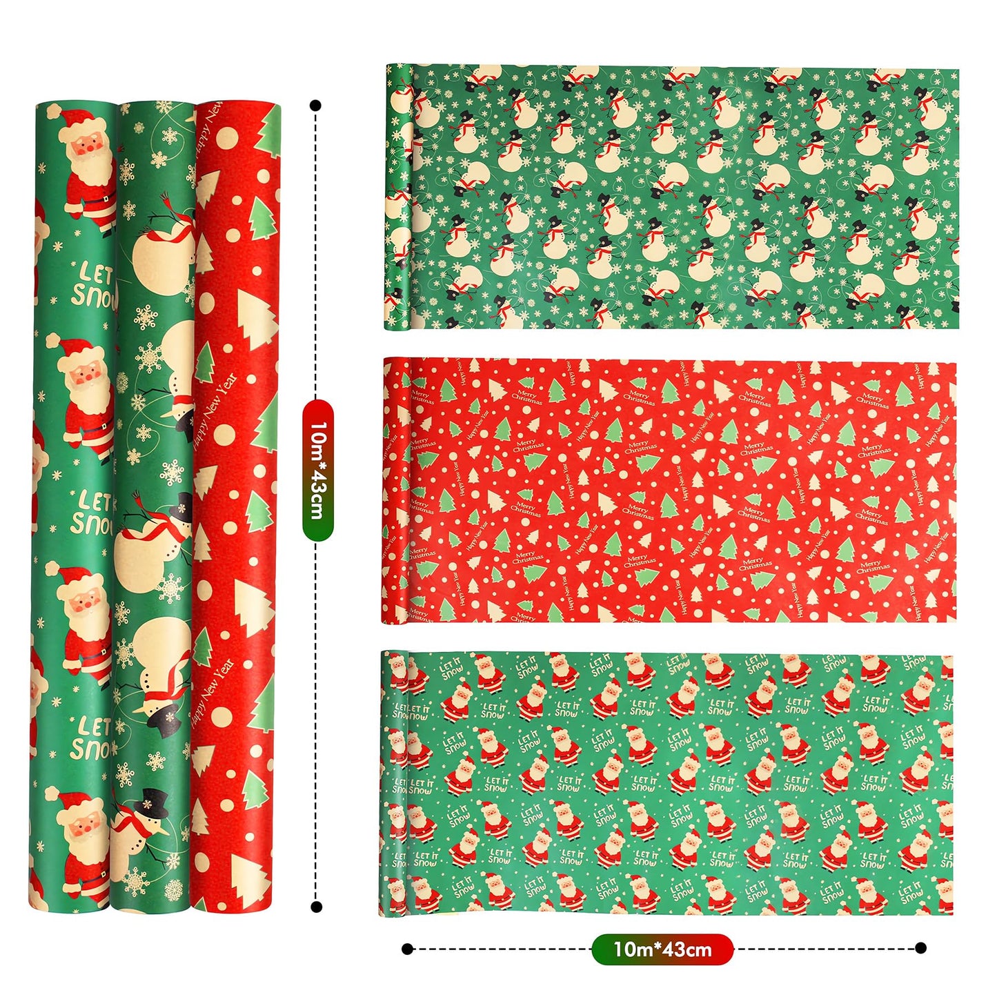 ENFANTRY Christmas Wrapping paper Rolls,3 Rolls Red and Green Xmas Wrapping Paper, Gift Wrapping Paper Christmas Bundle,Xmas tree Santa for Chrimas, Birthday, New Year, Valentines, Wedding, Holiday Deco, DIY