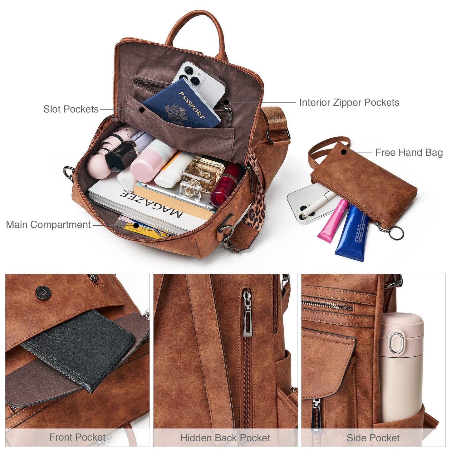 Shrrie Leather Backpack Fashion Backpack Purse Designer Small Travel Backpack Convertible Shoulder Bag with Wristlet for Work College