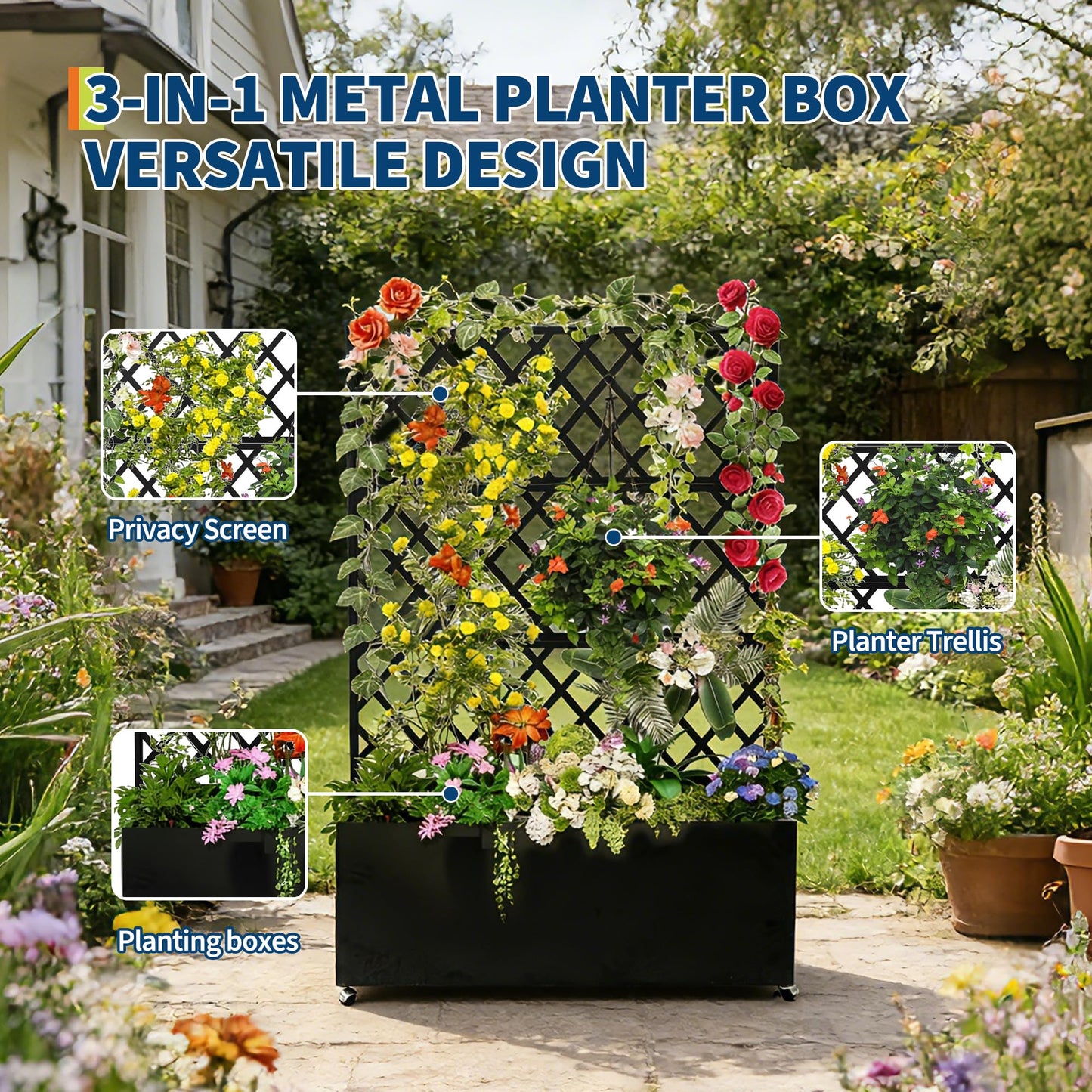 Garvee Galvanized Raised Garden Bed with Trellis, 71"X35.04"X16" Planter Box with Lockable Wheels, Drainage Holes & Privacy Screen for Vegetables, Vines on Patio, Deck, Yard, Black