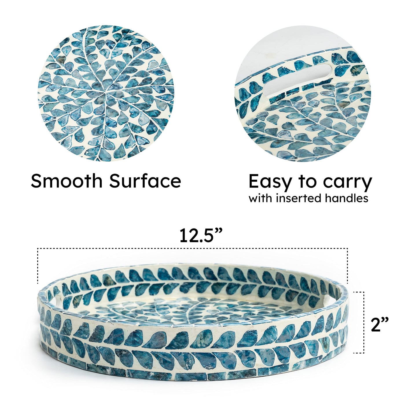 CLAYNIX Serving Tray 12.5 Inch, Lacquer Mother of Pearl Inlay Mosaic Tray, Round Wooden Marble Tray with Handles Trays for Tea, Breakfast (Leaf Style)