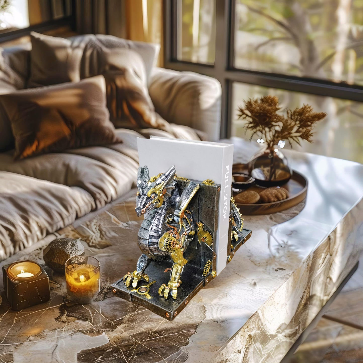 Large Steampunk Fantasy Dragon Statue, Decorative Bookends for Heavy Books, Unique Book Ends Decor for Shelves.