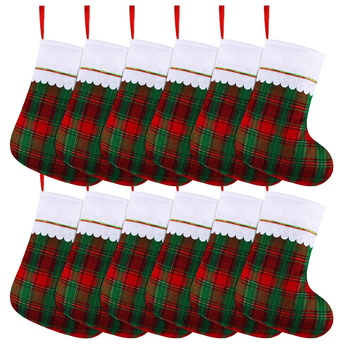 URATOT 12 Pack 15 Inches Christmas Stockings Red and Green Plaid Pattern Felt Christmas Holiday Stockings Christmas Tree Hanging Ornaments Xmas Fireplace Decoration Set