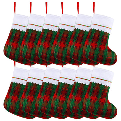 URATOT 12 Pack 15 Inches Christmas Stockings Red and Green Plaid Pattern Felt Christmas Holiday Stockings Christmas Tree Hanging Ornaments Xmas Fireplace Decoration Set