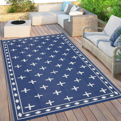 Garvee Large 9x18 Outdoor Area Rug, Waterproof Plastic Straw Mat with Framed Geometric Design for RV Awning, Patio, Deck, Garden, Camping, Beach and Backyard,Dark Blue