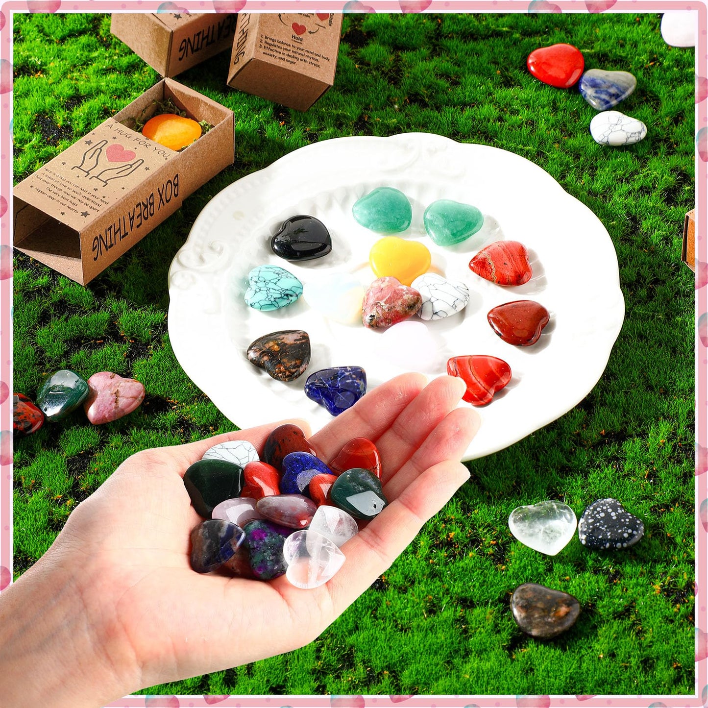Landical 50 Sets Pocket Hug Token Gifts Bulk Little Heart Rocks Small Crystal Heart Stones Bulk with Boxes for Birthday Party Colleagues Family Celebration of Life Gifts (Classic)