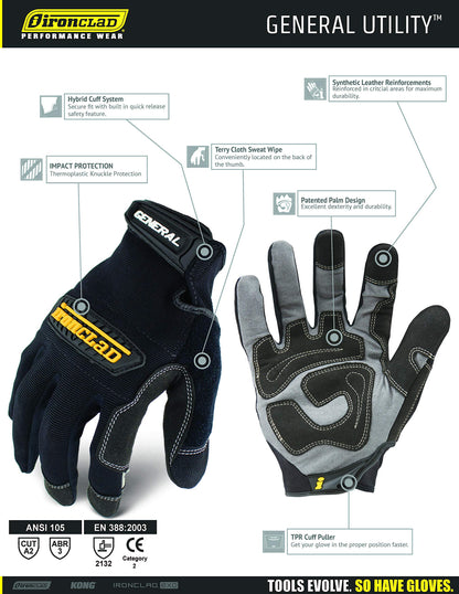 Ironclad GUG-05-XL General Utility Gloves Black Size XL