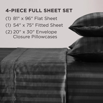 Juicy Couture Silky Satin Damask Sheet Set - Luxury Black Bedding - Smooth Striped Sheets - Full Size