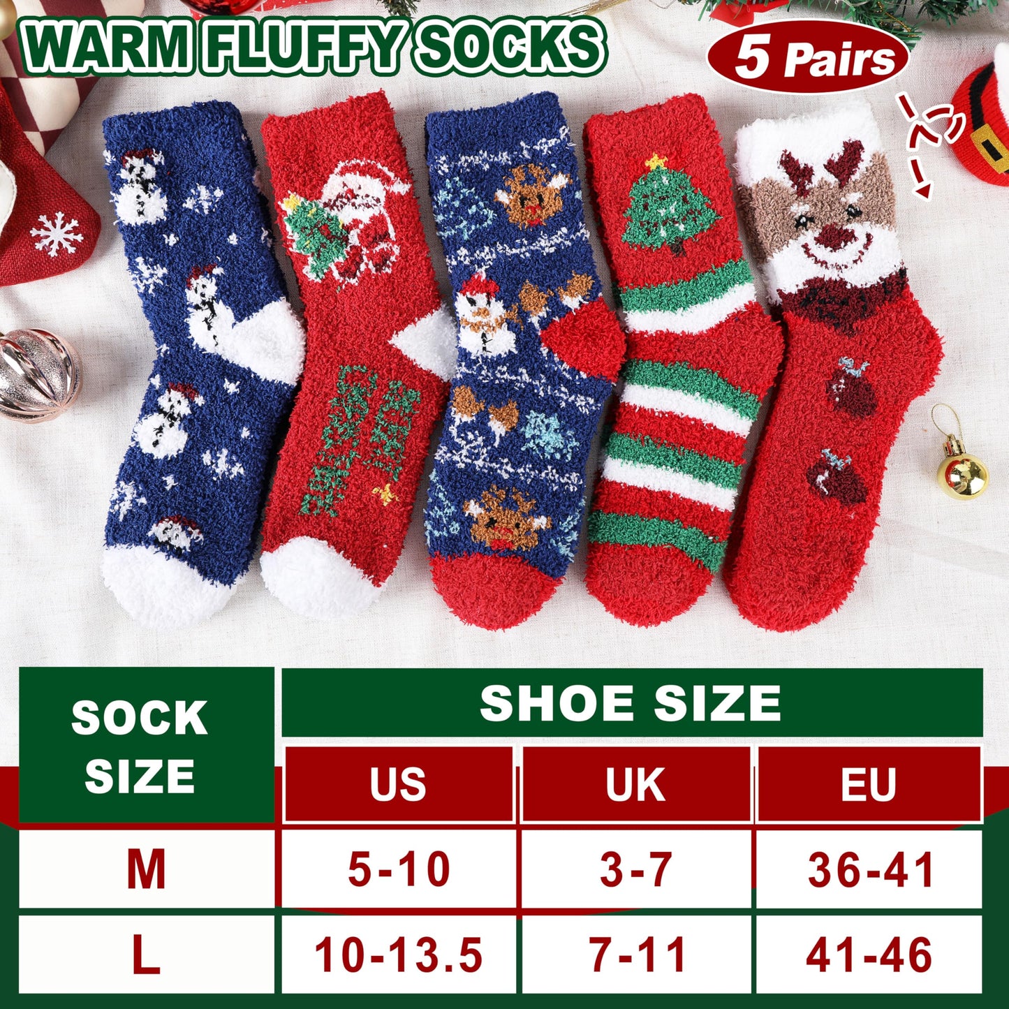 Sandsuced Fuzzy Christmas Socks for Women Fluffy Cozy Winter Warm Cute Fun Plush Comfy Fleece Sleep Christmas Gifts Cabin Socks Stocking Stuffers for Womens Mom 5 Pairs(Christmas Deer,M)