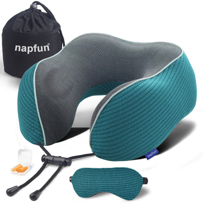 napfun Neck Pillow for Traveling, Upgraded Travel Neck Pillow for Airplane 100% Pure Memory Foam Travel Pillow for Flight Headrest Sleep, Portable Plane Accessories, Light Grey