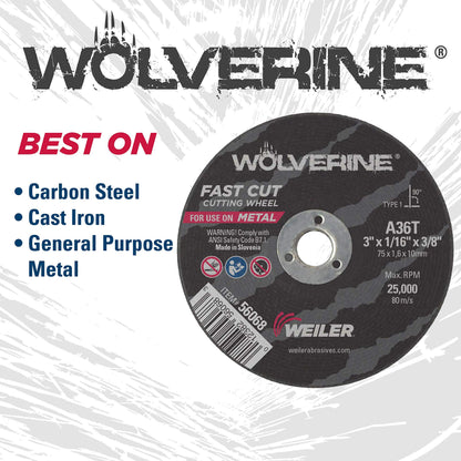 Weiler 56089 Die Grinder Cut-Off Wheel and Mandrel Kit Including 56490 Mandrel and 3-Inch x 1/16" Wolverine T1 Thin Wheels, A36T, 3/8" AH (1 Mandrel and 10 Cutting Discs)