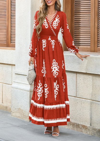 PRETTYGARDEN Women's 2025 Fall Wedding Guest Dresses Boho Floral Long Sleeve V Neck Flowy Elegant Maxi Dress Beach Clothes