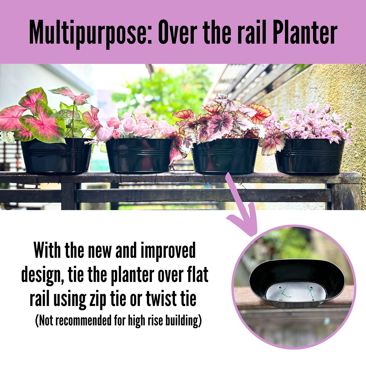 LaLaGreen Outdoor Rail Planter (11.8 Inch, 6 Pack) Black Metal Iron Hanging Flower Pots Deck Railings Fence Buckets Outside Countryside Boho Style Wall Mount Window Box Plant Holder Hook Porch Decor