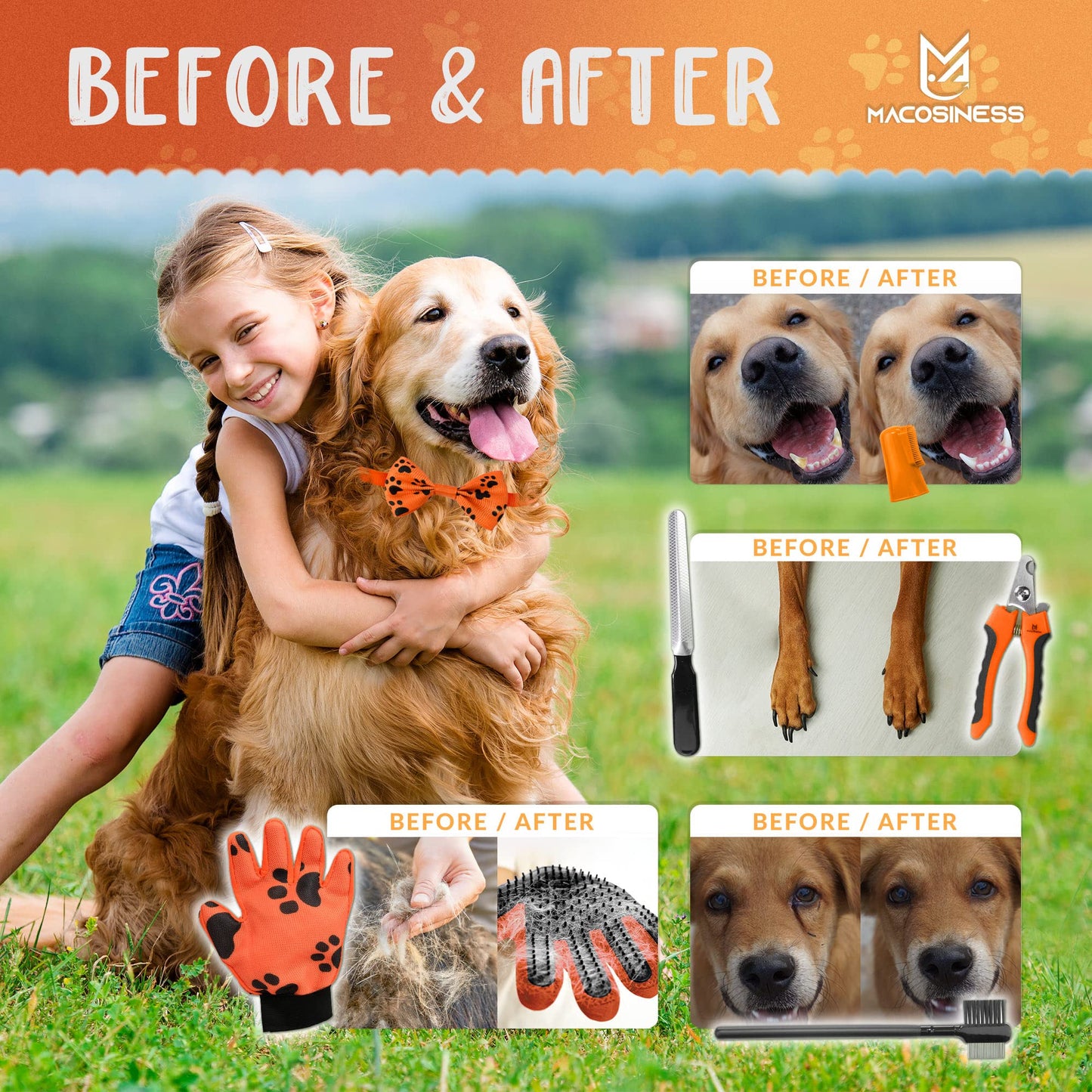 Pet Grooming Hammock for Nail Trimming - Complete Groomers Helper Set for Pet - Dog Grooming Hammock with Hook - Cat Nail Clipper - Dog Hammock for Nail Clipping (L, Orange with black paws)