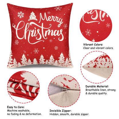 ButyHome Christmas Pillow Covers 18x18 Set of 4 Red Plaid Throw Pillowcase Christmas Decorations Deer Snowflake Farmhouse Linen Cushion Pillow Case for Home Decor Holiday Decorative
