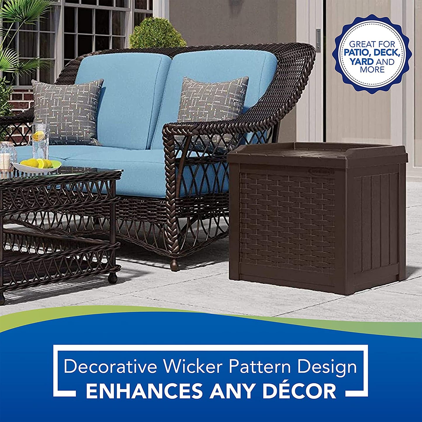 Suncast 22-Gallon Small Deck Box - Lightweight Resin Storage Container and Seat for Patio Cushions and Gardening Tools - Store Items on Patio, Garage, 22.5"L x 17"W x 22.5"H, Yard - Java Brown