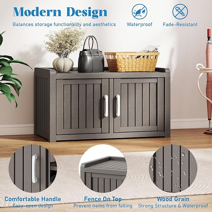 2-Tier Storage Bench, Waterproof UV-Resistant Outdoor Shoe Storage Cabinet with 2 Doors & Adjustable Shelves for Indoor Outdoor Entryway, Hallway, Living Room (Grey)