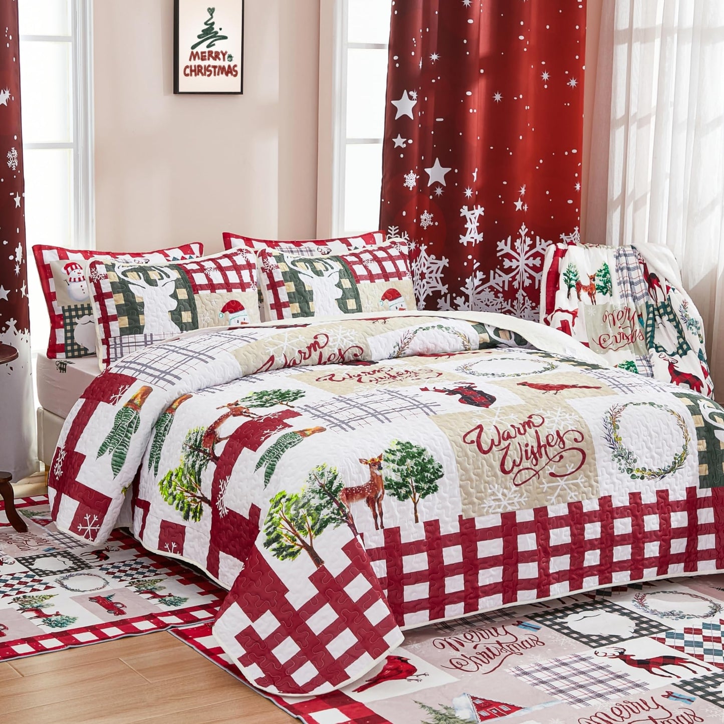 WONGS BEDDING Christmas Quilt Set King Rustic Christmas Tree Snowman Cardinal Holiday Wreath Pattern Bedding Solid Bedspread Coverlet with 2 Pillow Shams for All Season, Soft Microfiber Quilt 103"x90"