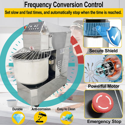 LGXEnzhuo 30L Commercial Dough Mixer with Dual Rotation and Dual Speed, 110V 1500W Electric Dough Kneading Machine - Time Set, Stainless Steel, Emergency Stop, for Pizze and Bread