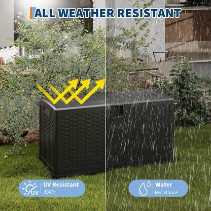 73-150 Gallon Large Outdoor Storage Box - Waterproof Resin Deck Box with Lockable Lid & Gas Struts, All-Weather Patio Storage Bench for Cushions, Pool Toys, Garden Tools, Rattan Texture (Brown/Black)