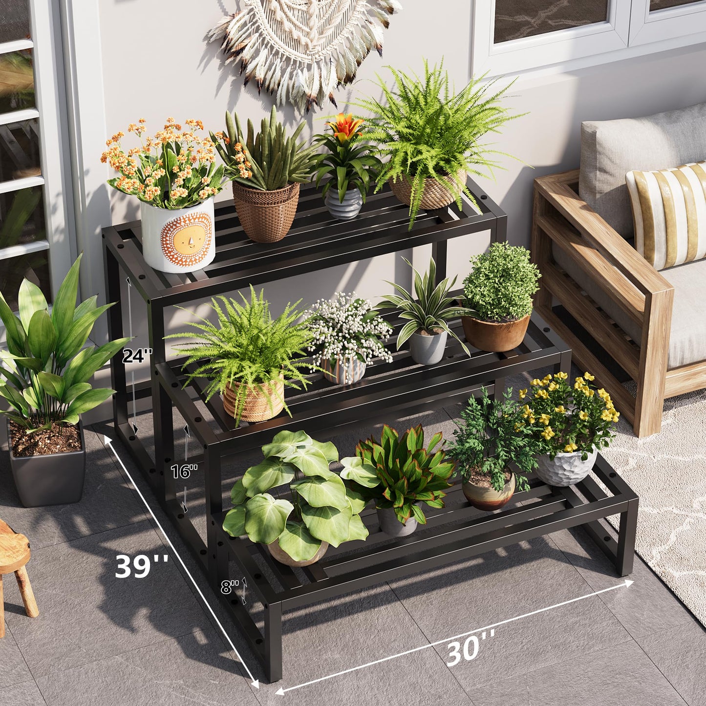 Hongsane Plant Stand Indoor Outdoor,3 Tier Ladder Metal Plant Stands Riser,Heavy Duty Wrought Iron Plant Shelves for Multi Large Pots,Black Tiered Flower Display Holder for Living Room,Patio,Balcony