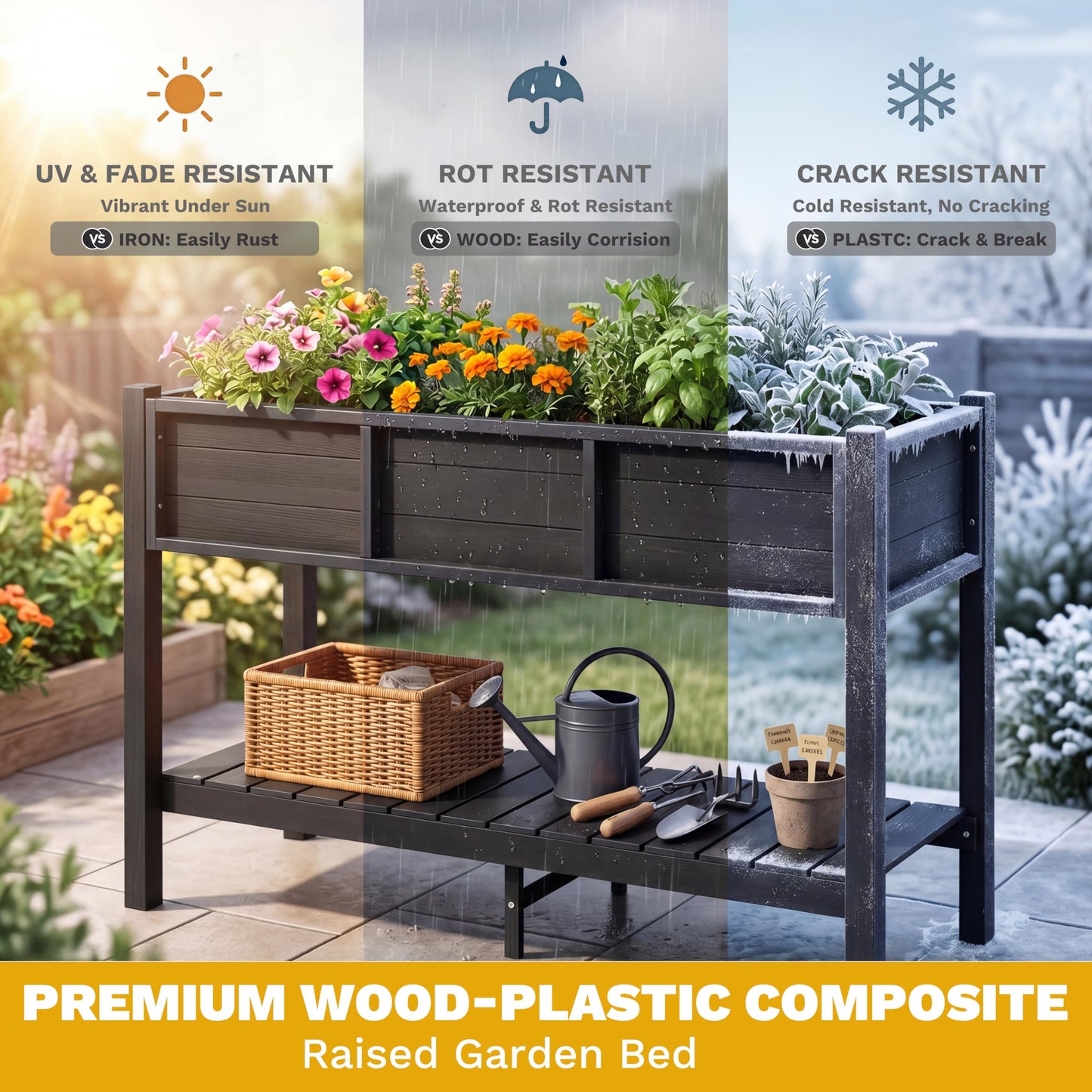 DWVO Raised Planter Box with Legs 48x18x30in Raised Garden Bed HDPE Poly Wood Weather-Resistant Elevated Garden Bed with Storage Shelf, Planter Boxes Outdoor for Patio Balcony Backyard, Black