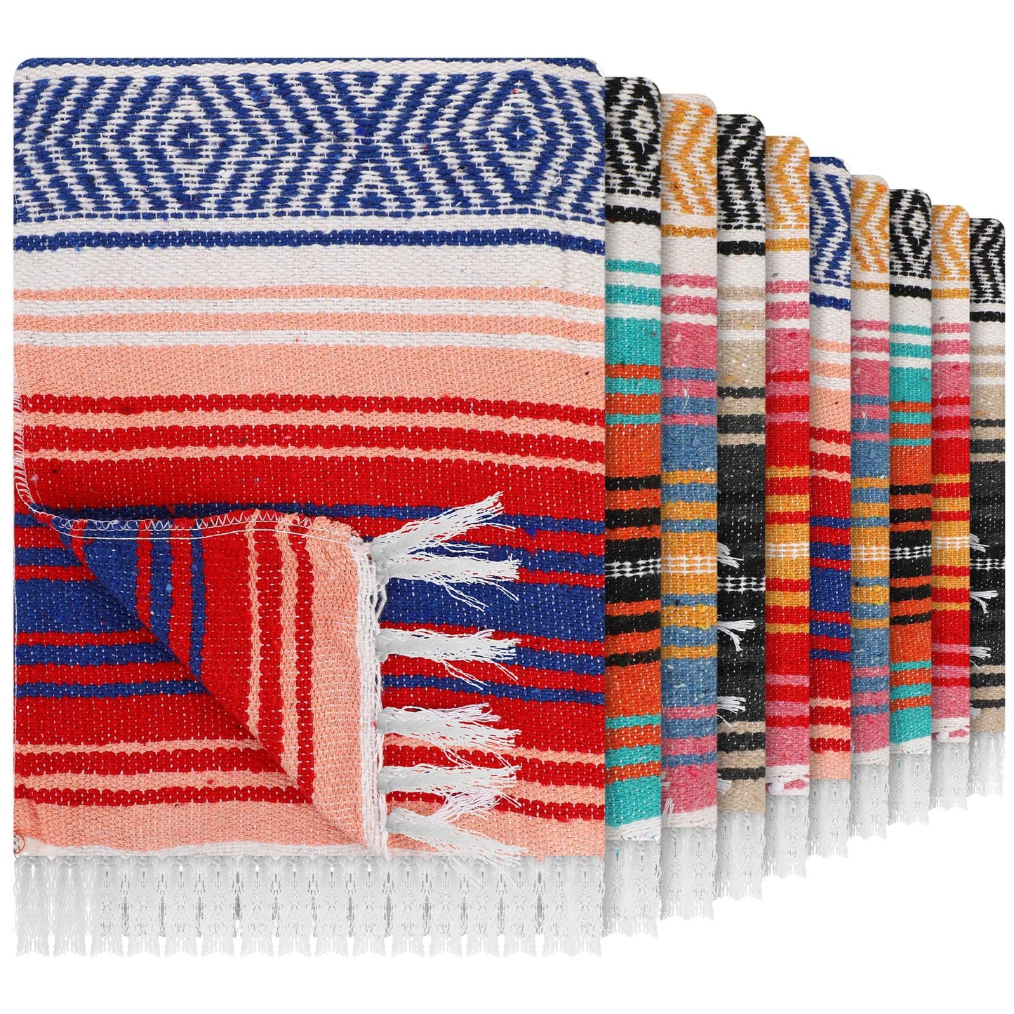 Haull 10 Pcs Large Mexican Blankets Bulk 51" x 71" Mexican Serape Blankets Yoga Authentic Throw Colorful Striped Falsa with Fringed for Outdoor Car Travel Camping Beach Picnic Patio Mat Towel