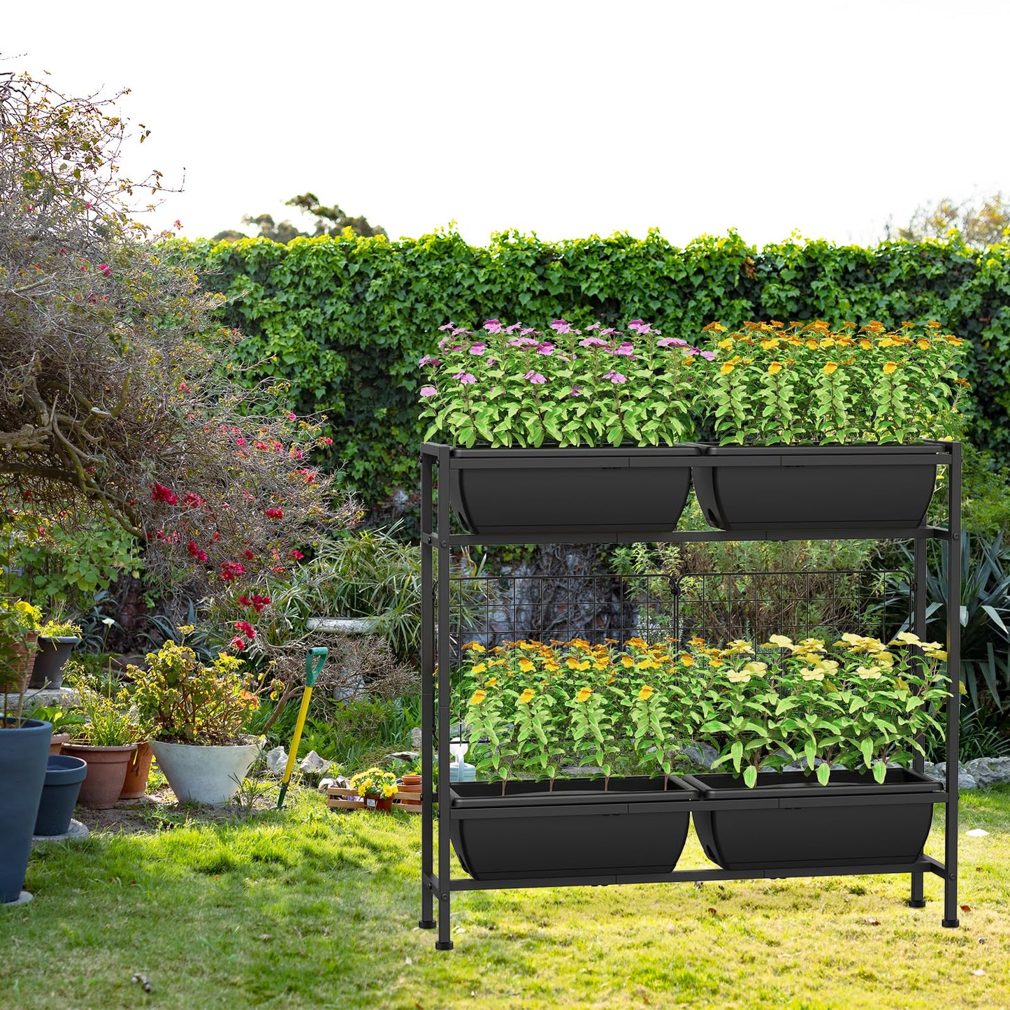 CADUKE Raised Garden Bed, Garden Raised Planter Box with Legs, 32" Elevated Vegetable Garden Beds with Drainage Holes & Trellis, Herb Garden Planter Outdoor for Vegetables, Balcony, Patio, Black
