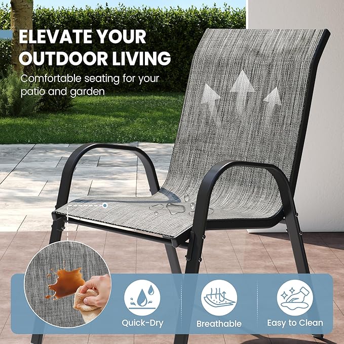 Patio Dining Chairs Set of 8, Outdoor High Stacking Chairs，Breathable Seat Fabric and Alloy Steel Frame for Backyard, Porch, Garden, Sunroom (Light Grey)