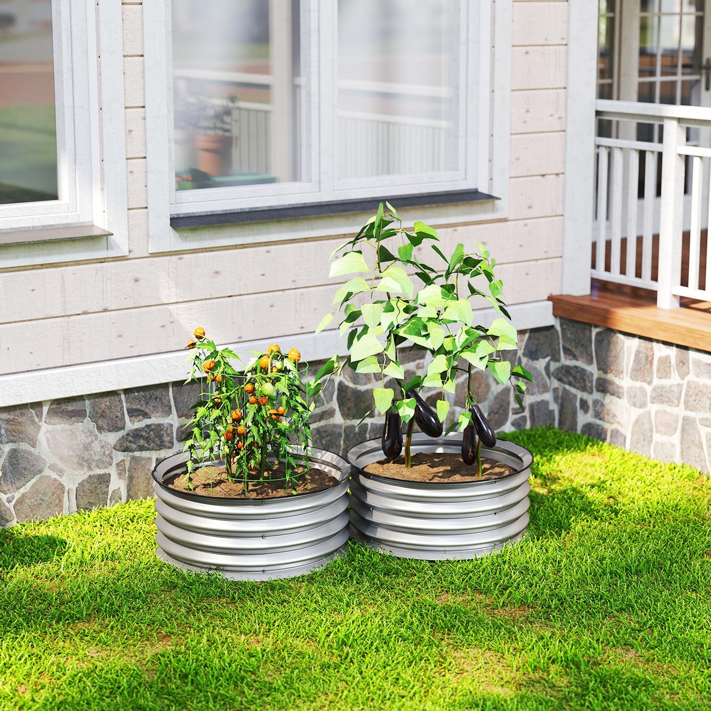 Outsunny Galvanized Raised Garden Bed Set of 2, Planters for Outdoor Plants with Safety Edging, Easy-to-Assemble Stock Tanks for Growing Flowers, Herbs and Vegetables, 2' x 2' x 1', Silver