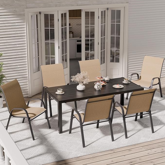 Patio Chairs Set of 6, Outdoor Dining Chairs Stackable for All Weather, Breathable Metal Modern Outside Furniture Chair for Pool Side, Garden, Backyard Deck, Brown