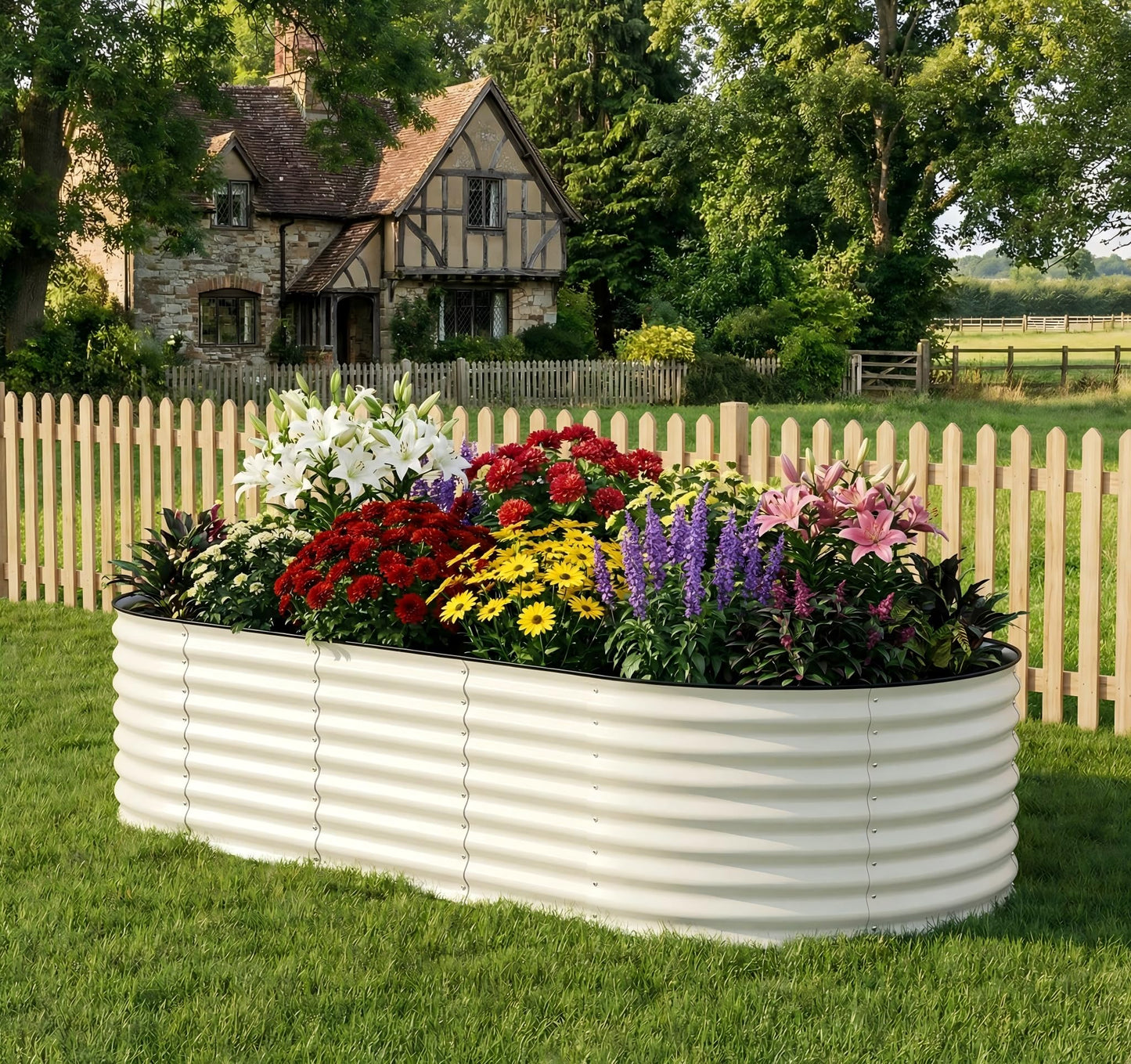 Garvee 10x4x1.5ft Galvanized Raised Garden Bed, Oval Metal Planter Box with Anti-Cut Safety Edges, 449 Gallons Rust-Resistant Deep Root Planter for Outdoor Vegetables, Flowers, Herbs, Beige