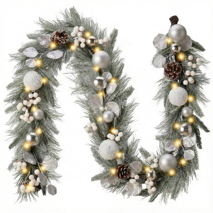 Valery Madelyn 6 Ft Pre-Lit Christmas Garland with Lights for Mantle, Lighted Outdoor Xmas Garland with Silvery White Ball Norfolk Pine for Home Stairs Fireplace Table Centerpiece Indoor Holiday Decor