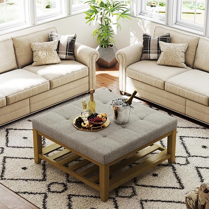 Befurtori Large Square Ottoman Coffee Table, Linen Solid Upholstered Footrest