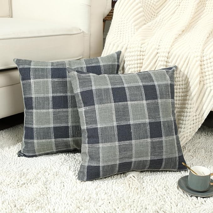 Stellhome Pack of 2 Linen Buffalo Check Throw Pillow Covers, Farmhouse Plaid