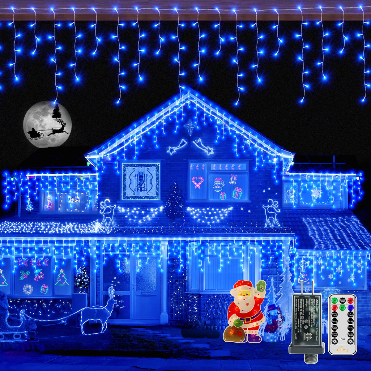 Ollny Icicle Lights for Outside 720LED 60FT, Blue Christmas Lights with Remote 8 Modes Dimmable, Waterproof Connectable Timer Hanging Light for House Outdoor Yard Indoor Decorations