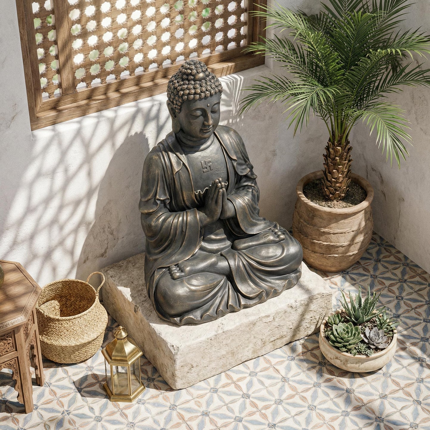 Greens Word Sculptures Buddha Statue, Garden Statues 23.6 Inch Tall, Large Magnesium Oxide Buddha Sculpture Indoor & Outdoor, Statue for Home Decor Yard Porch Patio, Dark Gray with Gold Accents