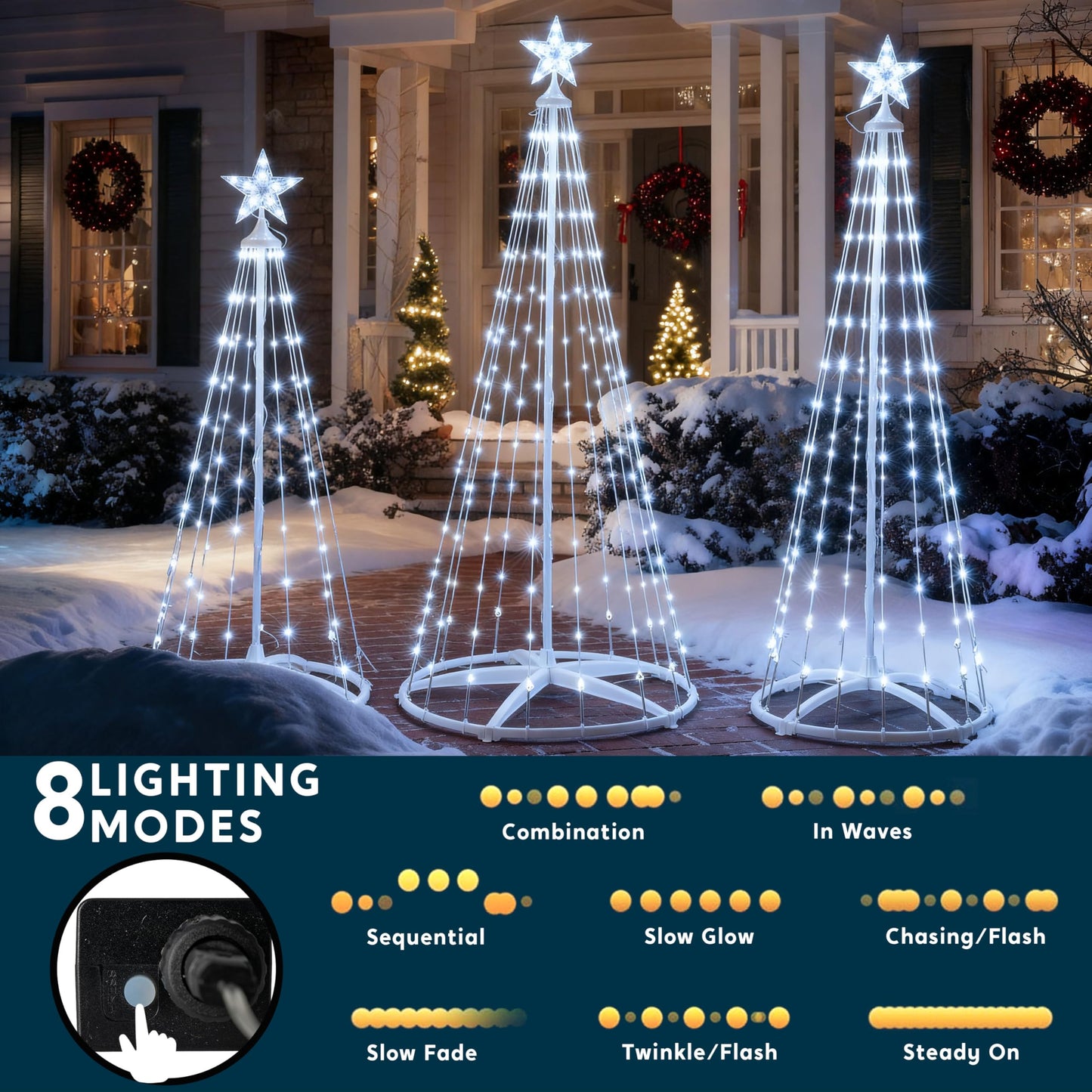 JOYIN 3 Pack LED Christmas Cone Tree Lights, 4FT 5FT 6FT Outdoor Lighted Tree with 8 Lighting Modes & Star Topper, Christmas Decorations for Yard Porch Patio Garden Holiday Decor, Cool White