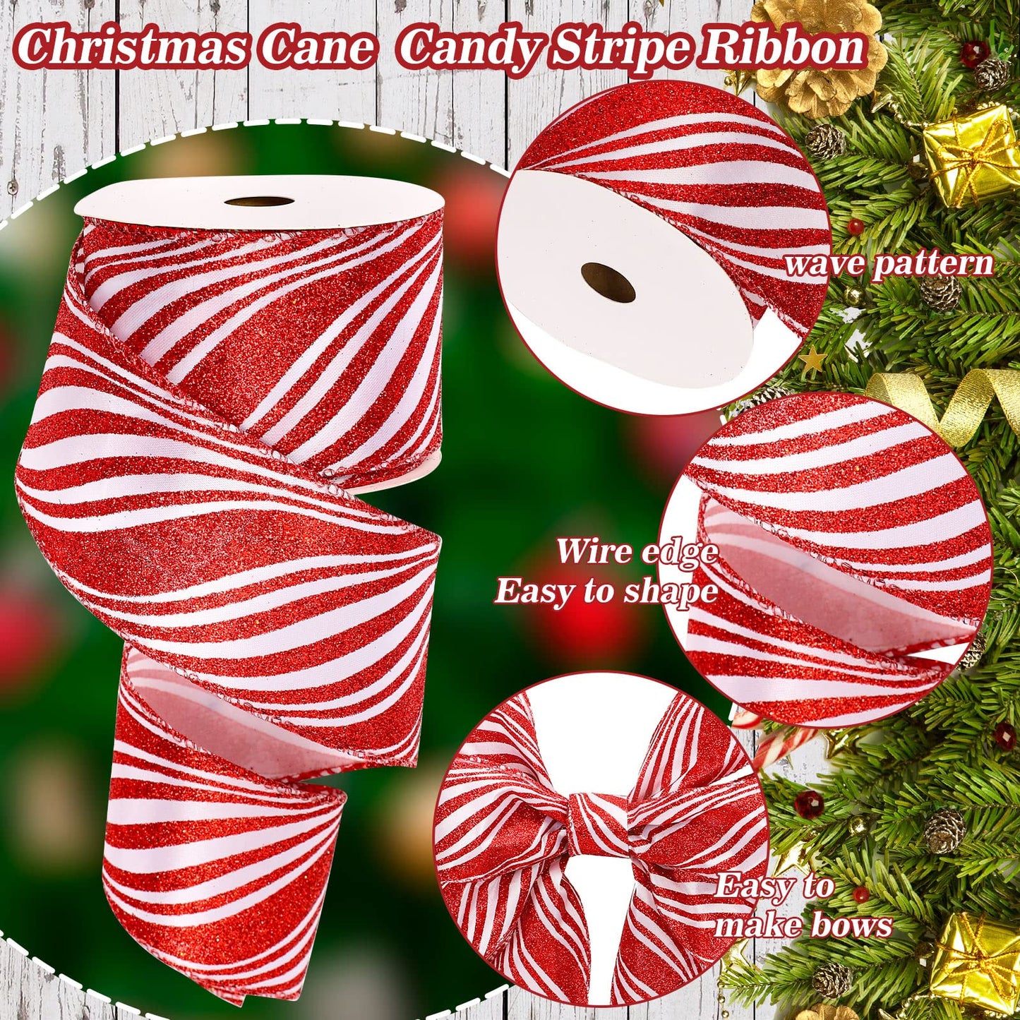 Whaline Christmas Glitter Candy Cane Ribbon White Red Stripe Wired Edge Ribbon 2.5 Inch Rustic Farmhouse Craft Ribbons for Xmas DIY Gift Wrapping Floral Arrangement Wreath Bow Decoration, 10 Yard