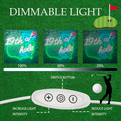 Zontruxe Golf Neon Sign for Wall Decor, Dimmable LED Golf Wall Lamp with 19th Hole Letter Sign, Light Up Sign for Man Cave, Bedroom, Office, Gym, Club, Party, Bar, Park, Birthday Gifts, 15 x 13 in