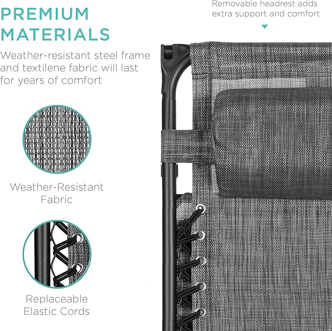 Best Choice Products Folding Zero Gravity Outdoor Recliner Patio Lounge Chair w/Adjustable Canopy Shade, Headrest, Side Accessory Tray, Textilene Mesh - Gray