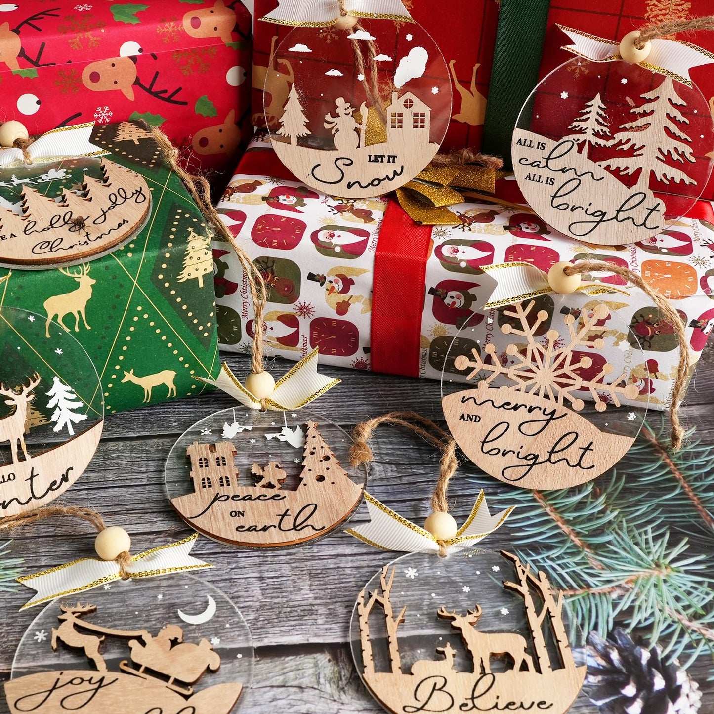 GuassLee 28pcs Winter Christmas Hanging Ornaments for Tree - 3D Wooden Acrylic Christmas Cutouts Reindeer Snowman Snowflake Ornaments for Xmas Tree Gifts Winter Party Supplies