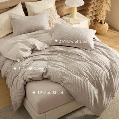 Bedsure 100% Cotton Duvet Cover Queen Size with Fitted Sheet - 4 Pieces Linen Waffle Weave Duvet Covers, PureWowen Breathable Bedding Set, 1 Duvet Cover 90x90, 1 Fitted Sheet, 2 Pillow Shams