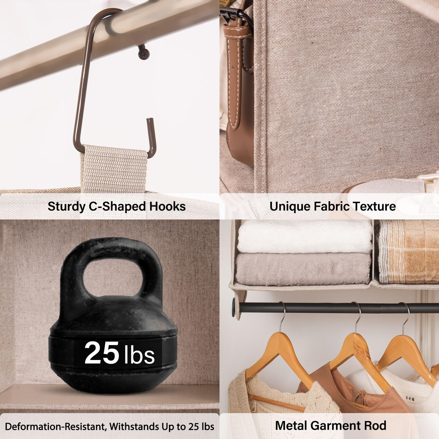 StorageWorks Hanging Closet Organizer with Metal Rod, 4-Section Closet Organizers and Storage, Collapsible Hanging Shelves for Baby Clothes, Shoes, Sweater Storage, Brown and Beige