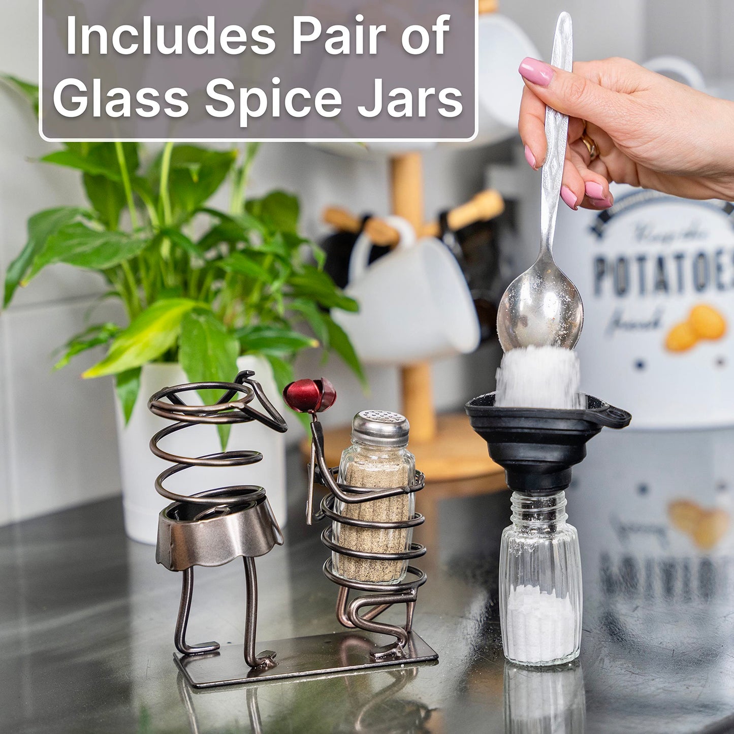 Made Easy Kit Salt and Pepper Couple Glass Shaker Set and Rack - Includes 2 Spice Jars (Couple & Rose)